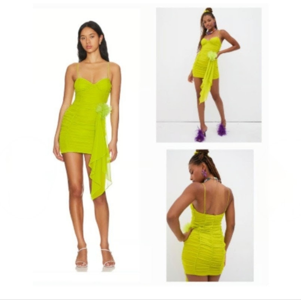 FOR LOVE AND LEMONS Small Lorlai Mini Green Skinny Strap Bow & Ruched Dress